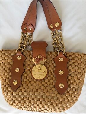 Michael Kors Tan Straw Mini Tote with Brown Leather and Gold Hardware